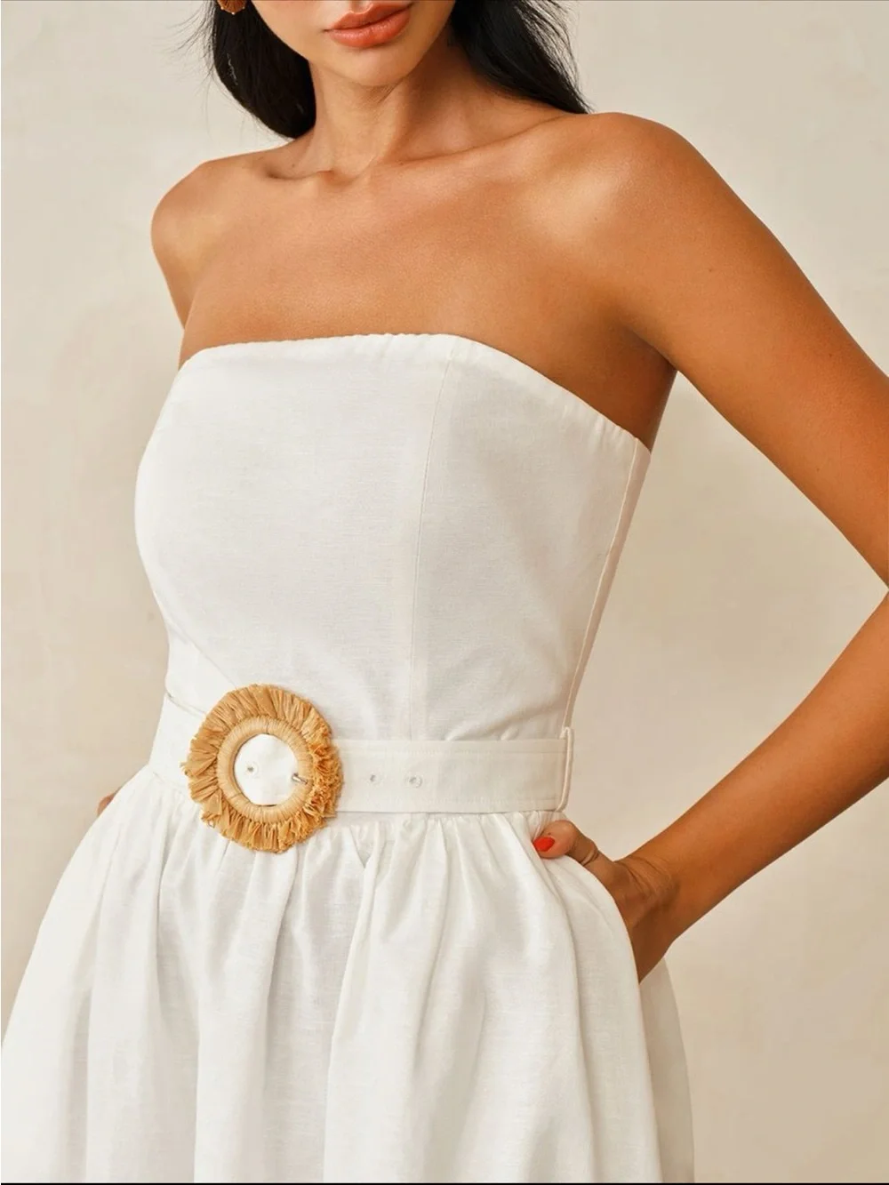 Strapless White Midi Dress with Statement Belt - Picture 4 of 5